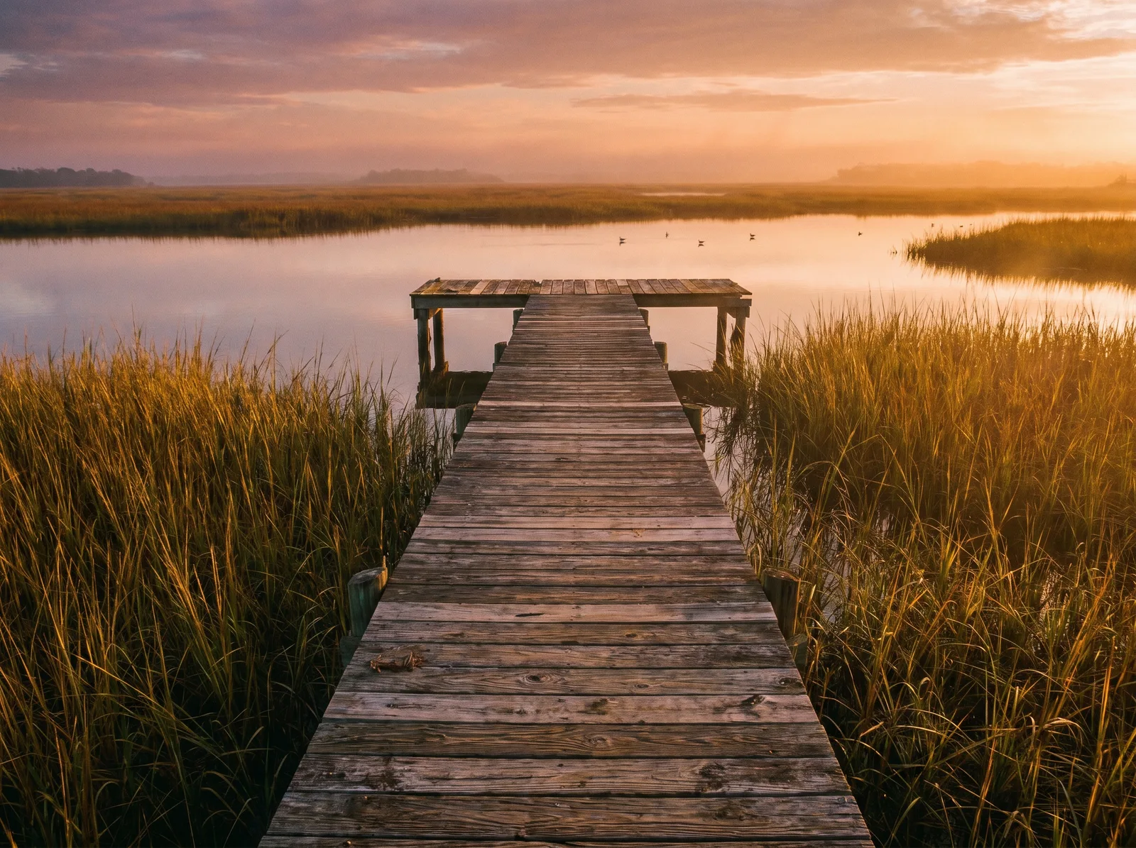 Wooden dock in a lowcountry salt marsh at sunset
